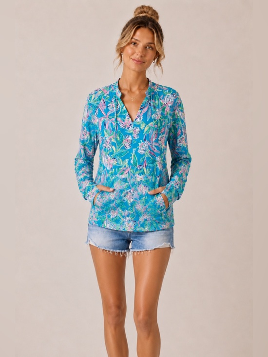 Lilly Pulitzer Sweaters - Lilly Pulitzer XS Floral Kangaroo Pocket Pullover Top Thumbhole Sleeves